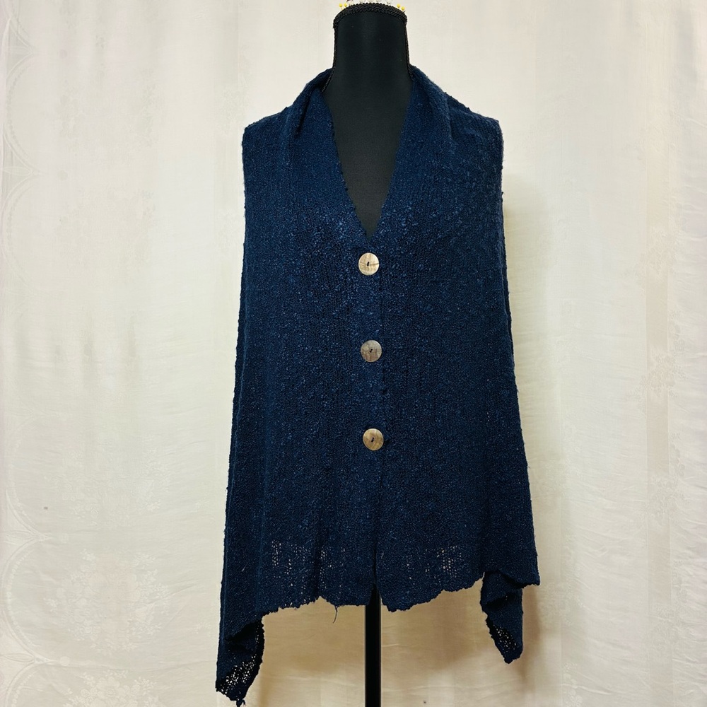 Handmade Navy Textured Knit Shawl Vest Boho Boucle Size S